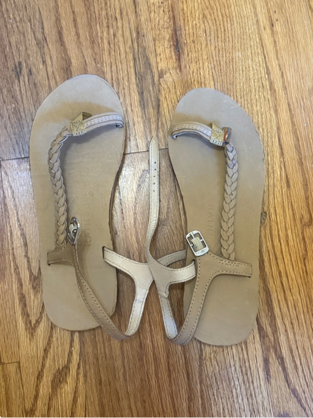 Rainbow Tan T-Strap Braided Leather Sandals women’s 6.5